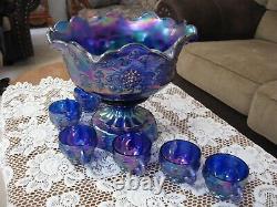 Fenton Blue Carnival Glass Paneled Grape Bunch Bowl Set