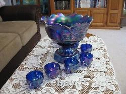 Fenton Blue Carnival Glass Paneled Grape Bunch Bowl Set