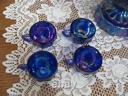 Fenton Blue Carnival Glass Paneled Grape Bunch Bowl Set