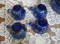 Fenton Blue Carnival Glass Paneled Grape Bunch Bowl Set