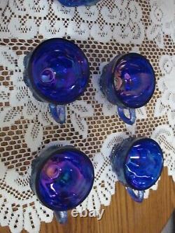 Fenton Blue Carnival Glass Paneled Grape Bunch Bowl Set