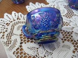 Fenton Blue Carnival Glass Paneled Grape Bunch Bowl Set