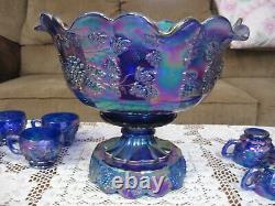 Fenton Blue Carnival Glass Paneled Grape Bunch Bowl Set