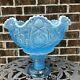 Fenton Blue Ruffled Opalesent Punch Bowl with Pedestal Tagged