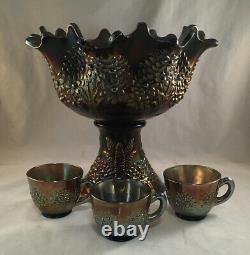 Fenton Carnival Glass Orange Tree Punch Bowl Set With 3 Cups Cobalt Blue