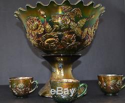 Fenton Carnival Glass Wreath Of Roses Punch Bowl Set With Three Cups