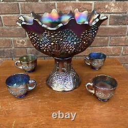 Fenton Electric Blue Orange Tree Flared / Ruffled Punch Bowl And Base