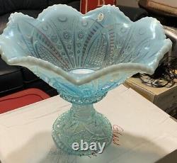 Fenton Glass 2005 Platinum Hobstar Aquamarine Opalescent Punch Bowl With 6 Tumbler