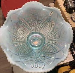 Fenton Glass 2005 Platinum Hobstar Aquamarine Opalescent Punch Bowl With 6 Tumbler