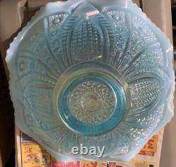 Fenton Glass 2005 Platinum Hobstar Aquamarine Opalescent Punch Bowl With 6 Tumbler