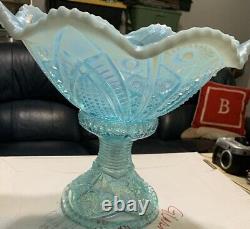 Fenton Glass 2005 Platinum Hobstar Aquamarine Opalescent Punch Bowl With 6 Tumbler