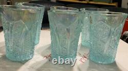 Fenton Glass 2005 Platinum Hobstar Aquamarine Opalescent Punch Bowl With 6 Tumbler