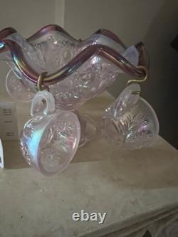 Fenton Glass Iridescent Dusty Rose Mini Punch Bowl Set