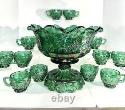 Fenton Green Carnival Punch Bowl Set With 12 Cups