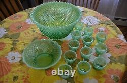 Fenton Green Opalescent Hobnail Punch Bowl & 12 Cups & Glass Ladle