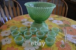 Fenton Green Opalescent Hobnail Punch Bowl & 12 Cups & Glass Ladle