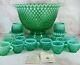 Fenton Green Opalescent Hobnail Punch Bowl Base 12 Cups w Holders & Fairy Lights