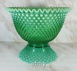 Fenton Green Opalescent Hobnail Punch Bowl Base 12 Cups w Holders & Fairy Lights