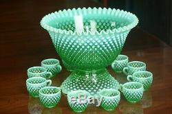 Fenton Green Opalescent Hobnail Punch Bowl Base 12 Cups with Holders GLOWS