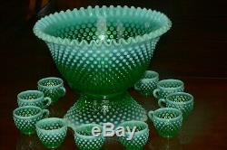 Fenton Green Opalescent Hobnail Punch Bowl Base 12 Cups with Holders GLOWS