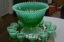 Fenton Green Opalescent Hobnail Punch Bowl Base 12 Cups with Holders GLOWS