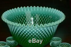 Fenton Green Opalescent Hobnail Punch Bowl Base 12 Cups with Holders GLOWS