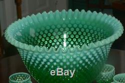 Fenton Green Opalescent Hobnail Punch Bowl Base 12 Cups with Holders GLOWS