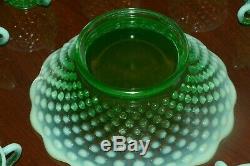 Fenton Green Opalescent Hobnail Punch Bowl Base 12 Cups with Holders GLOWS