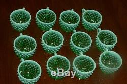 Fenton Green Opalescent Hobnail Punch Bowl Base 12 Cups with Holders GLOWS