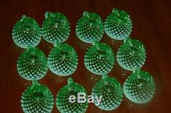 Fenton Green Opalescent Hobnail Punch Bowl Base 12 Cups with Holders GLOWS