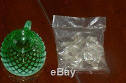 Fenton Green Opalescent Hobnail Punch Bowl Base 12 Cups with Holders GLOWS