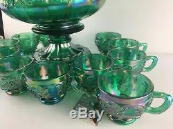 Fenton Green Paneled Grapes Punch Bowl Set with 12 Cups