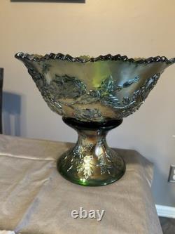 Fenton Green Wreath Of Roses Punch Bowl And 4 Cups