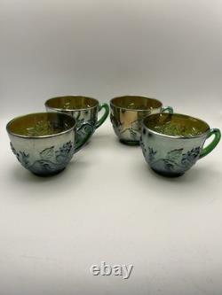 Fenton Green Wreath Of Roses Punch Bowl And 4 Cups