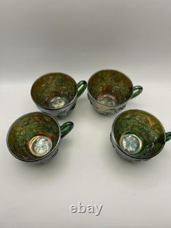 Fenton Green Wreath Of Roses Punch Bowl And 4 Cups