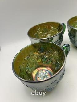 Fenton Green Wreath Of Roses Punch Bowl And 4 Cups