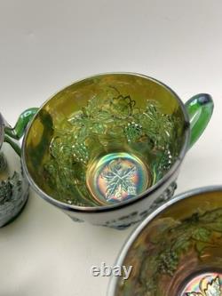 Fenton Green Wreath Of Roses Punch Bowl And 4 Cups