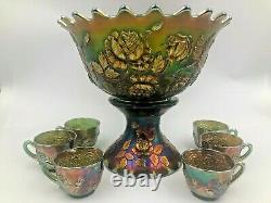 Fenton Green Wreath Rose Punch Bowl Set Persian Medallion Interior with 6 cups