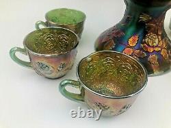 Fenton Green Wreath Rose Punch Bowl Set Persian Medallion Interior with 6 cups