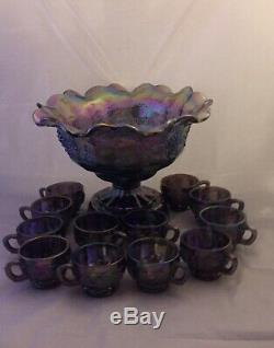 Fenton Historical Panel Grape Carnival Glass Punch Bowl Set Cups Base
