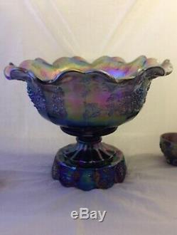 Fenton Historical Panel Grape Carnival Glass Punch Bowl Set Cups Base
