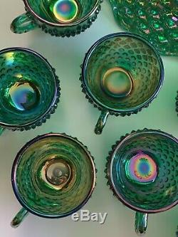 Fenton Hobnail Carnival Green Punchbowl and Cups