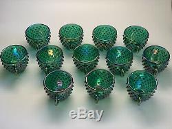 Fenton Hobnail Carnival Green Punchbowl and Cups