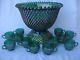 Fenton Hobnail Green Iridescent Carnival Punch Bowl with Pedestal Base & 12 Cups