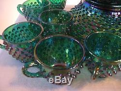 Fenton Hobnail Green Iridescent Carnival Punch Bowl with Pedestal Base & 12 Cups