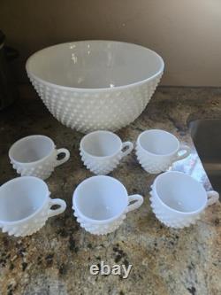 Fenton Hobnail Milk Glass Punch Bowl And 6 Cups