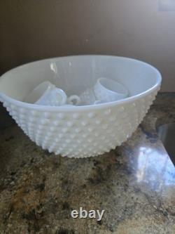 Fenton Hobnail Milk Glass Punch Bowl And 6 Cups