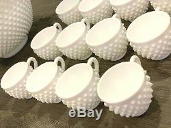 Fenton Hobnail Milk Glass Ruffled Punch Bowl 12 Cups Glass Ladle NOS