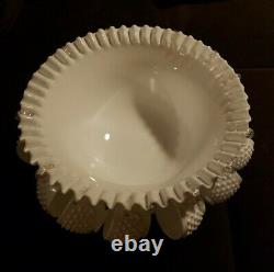 Fenton Hobnail White Milk Glass Punch Bowl & 12 Cups With Stand Ruffled Edge