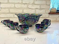 Fenton Irridescent Amethyst Carnival Grape Retired 8 Pc Glass Punch Bowl Set Vtg